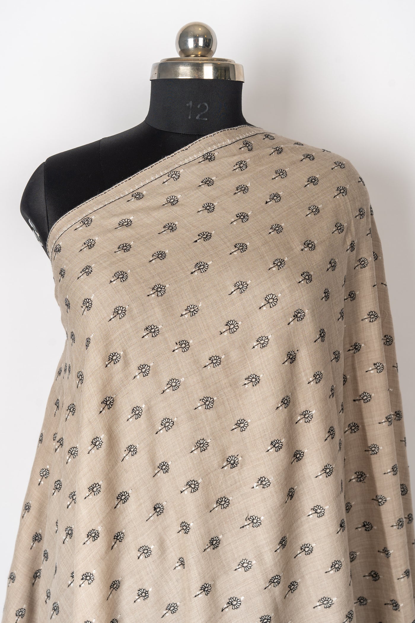 Heritage Charm: Sozni Hand-Embroidered Merino Wool Shawl in Desert Beige