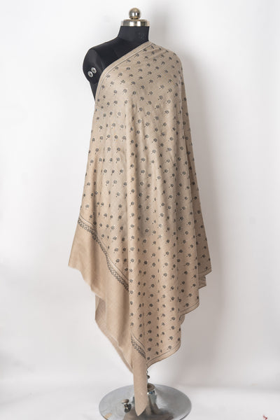 Heritage Charm: Sozni Hand-Embroidered Merino Wool Shawl in Desert Beige