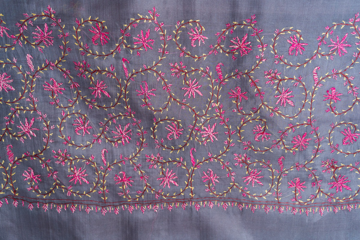 Twilight Grey Tabby Silk Saree with Sozni Hand Embroidery