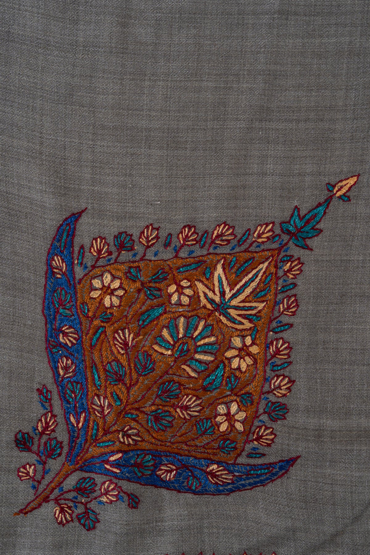 Slate Ember Rumal — 58" Sozni Hand Embroidered