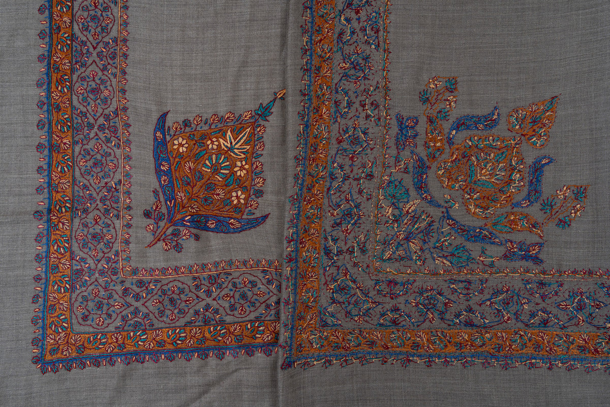 Slate Ember Rumal — 58" Sozni Hand Embroidered