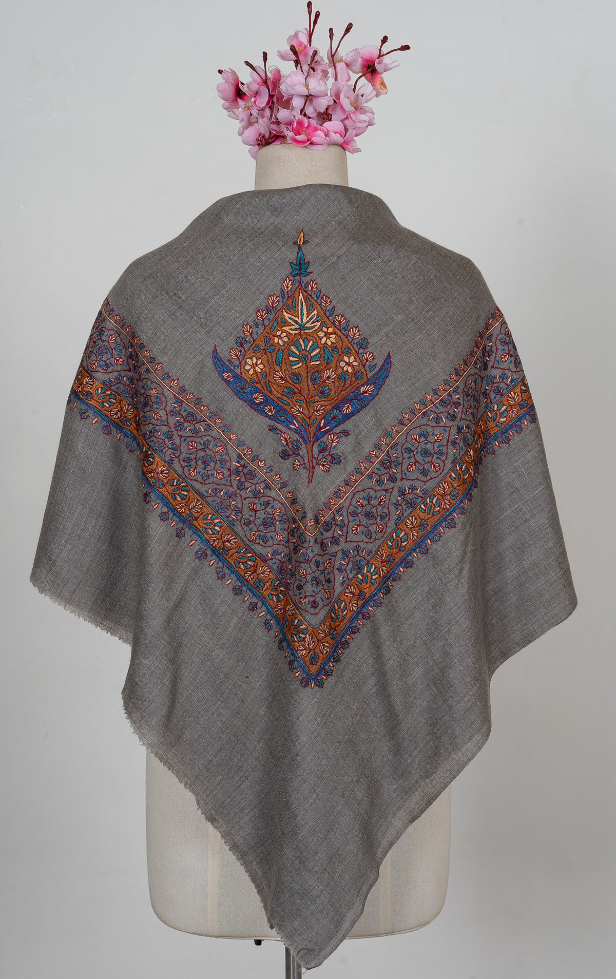 Slate Ember Rumal — 58" Sozni Hand Embroidered