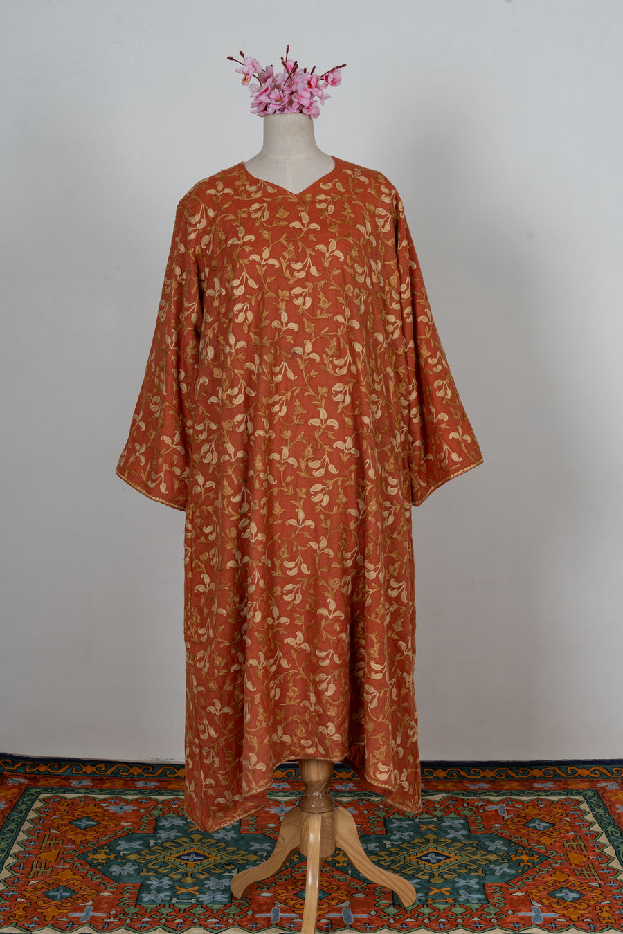 Aari Embroidered Abaya in Burnt Saffron Bloom