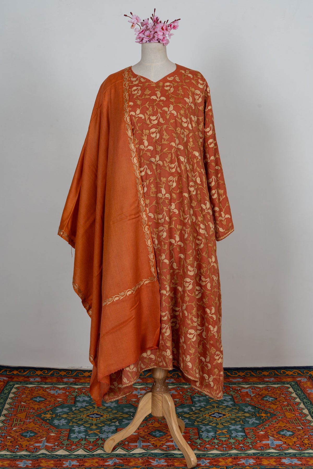 Aari Embroidered Abaya in Burnt Saffron Bloom