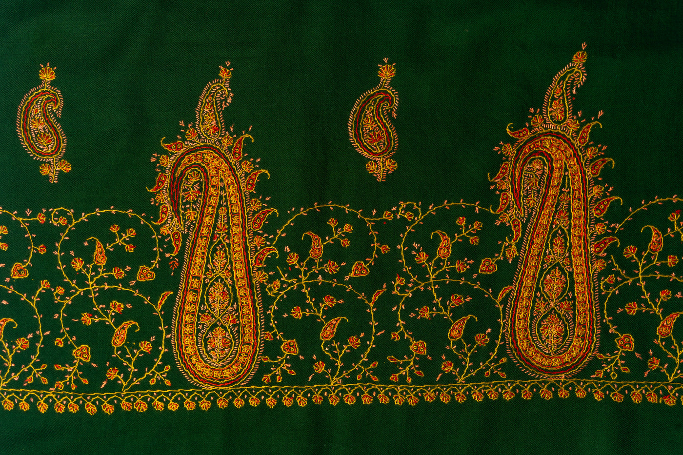 Emerald Majesty: Hand Embroidered Merino Wool Sozni Shawl