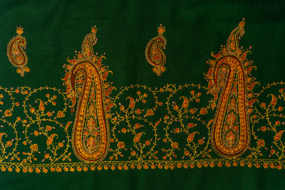 Emerald Majesty: Hand Embroidered Merino Wool Sozni Shawl