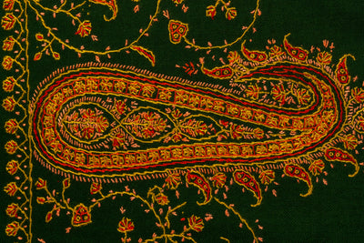 Emerald Majesty: Hand Embroidered Merino Wool Sozni Shawl