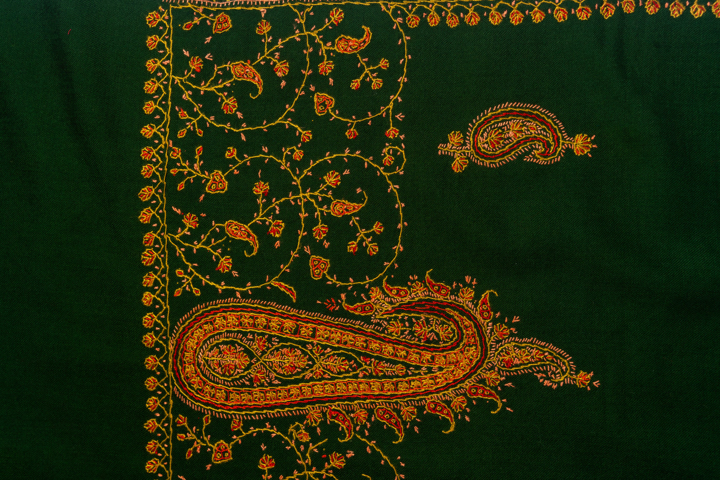 Emerald Majesty: Hand Embroidered Merino Wool Sozni Shawl