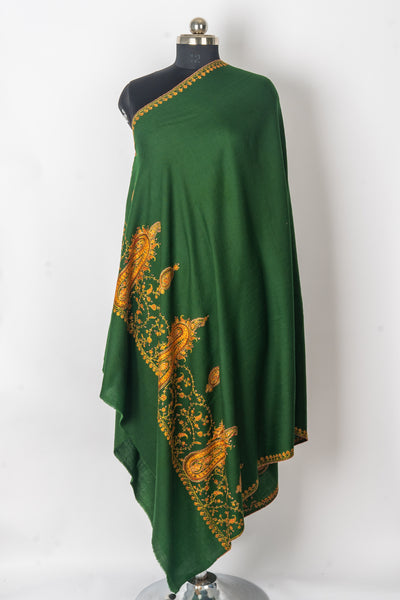 Emerald Majesty: Hand Embroidered Merino Wool Sozni Shawl