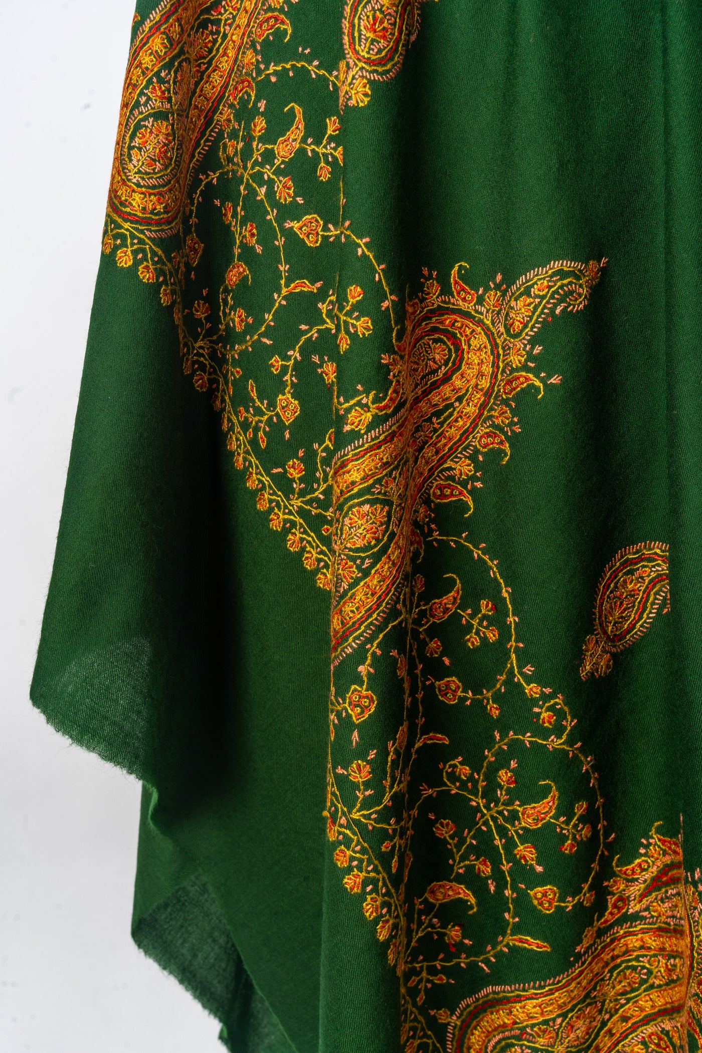 Emerald Majesty: Hand Embroidered Merino Wool Sozni Shawl