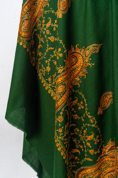 Emerald Majesty: Hand Embroidered Merino Wool Sozni Shawl