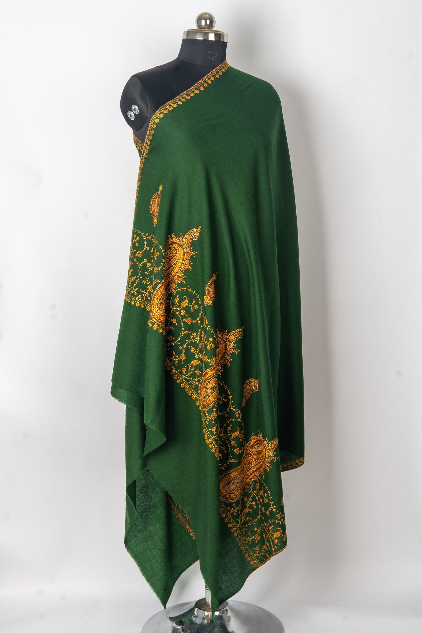 Emerald Majesty: Hand Embroidered Merino Wool Sozni Shawl