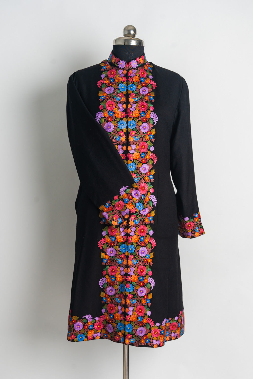 Vibrant Floral Kashmiri Aari Embroidery Long Jacket in Midnight Black