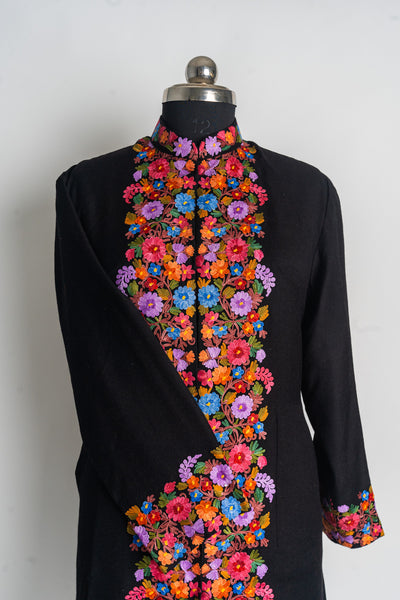 Vibrant Floral Kashmiri Aari Embroidery Long Jacket in Midnight Black