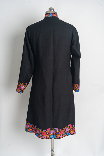 Vibrant Floral Kashmiri Aari Embroidery Long Jacket in Midnight Black