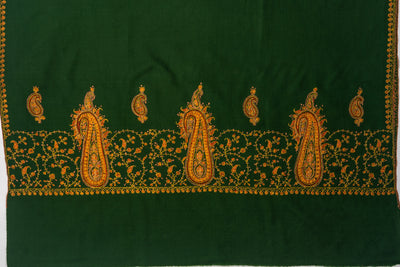 Emerald Majesty: Hand Embroidered Merino Wool Sozni Shawl