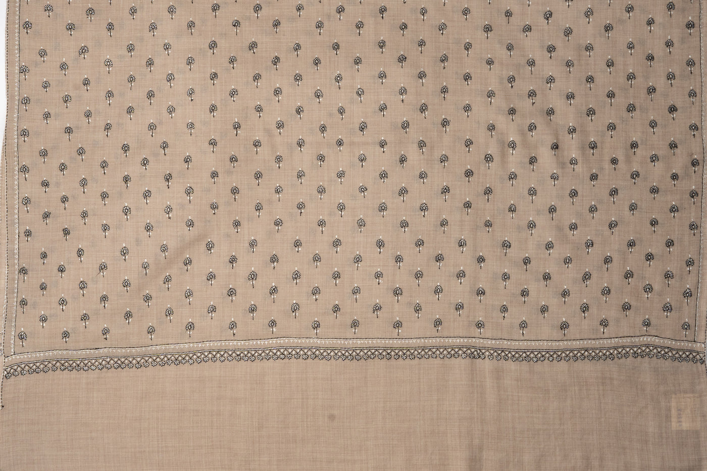 Heritage Charm: Sozni Hand-Embroidered Merino Wool Shawl in Desert Beige