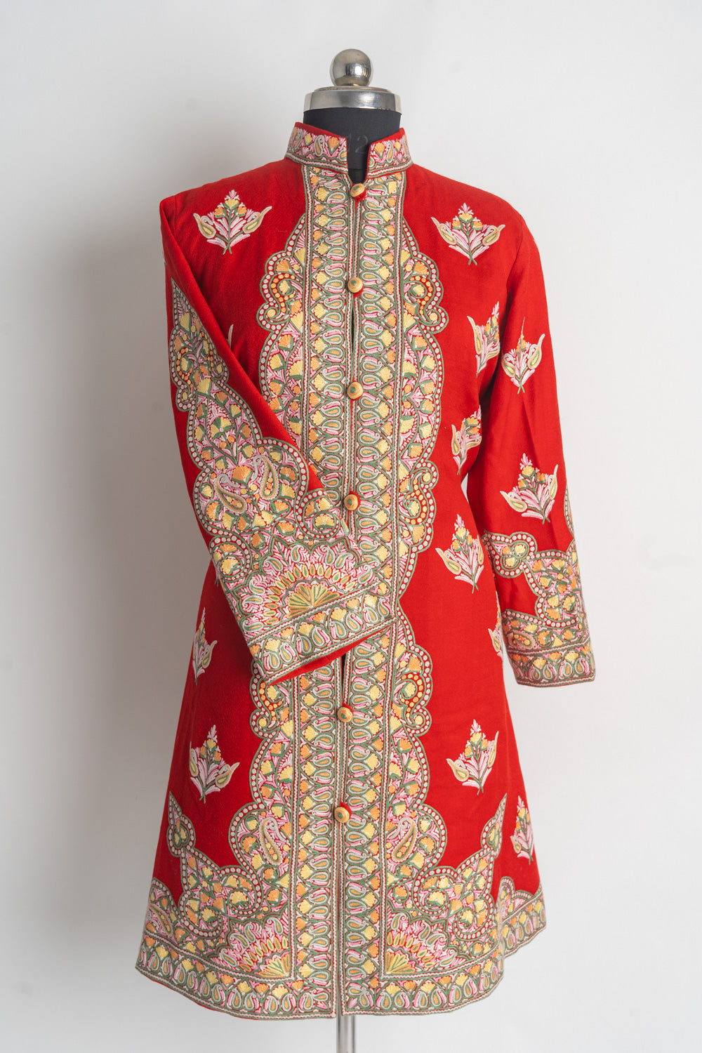 Majestic Red Kashmiri Hand-Embroidery Long Jacket with Floral Motifs