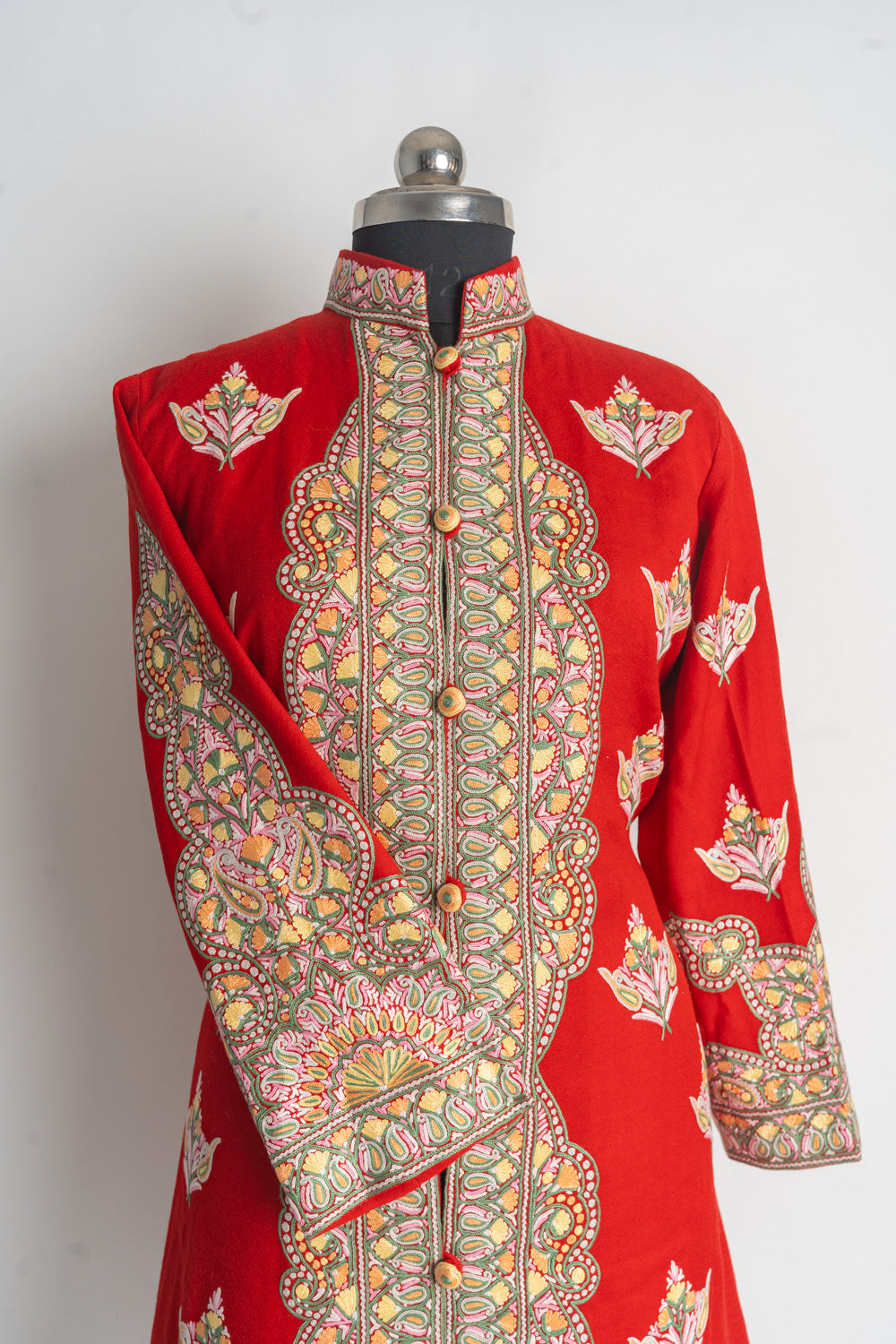 Majestic Red Kashmiri Hand-Embroidery Long Jacket with Floral Motifs