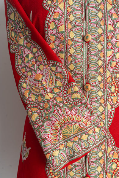 Majestic Red Kashmiri Hand-Embroidery Long Jacket with Floral Motifs