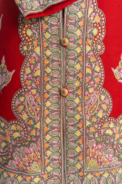 Majestic Red Kashmiri Hand-Embroidery Long Jacket with Floral Motifs