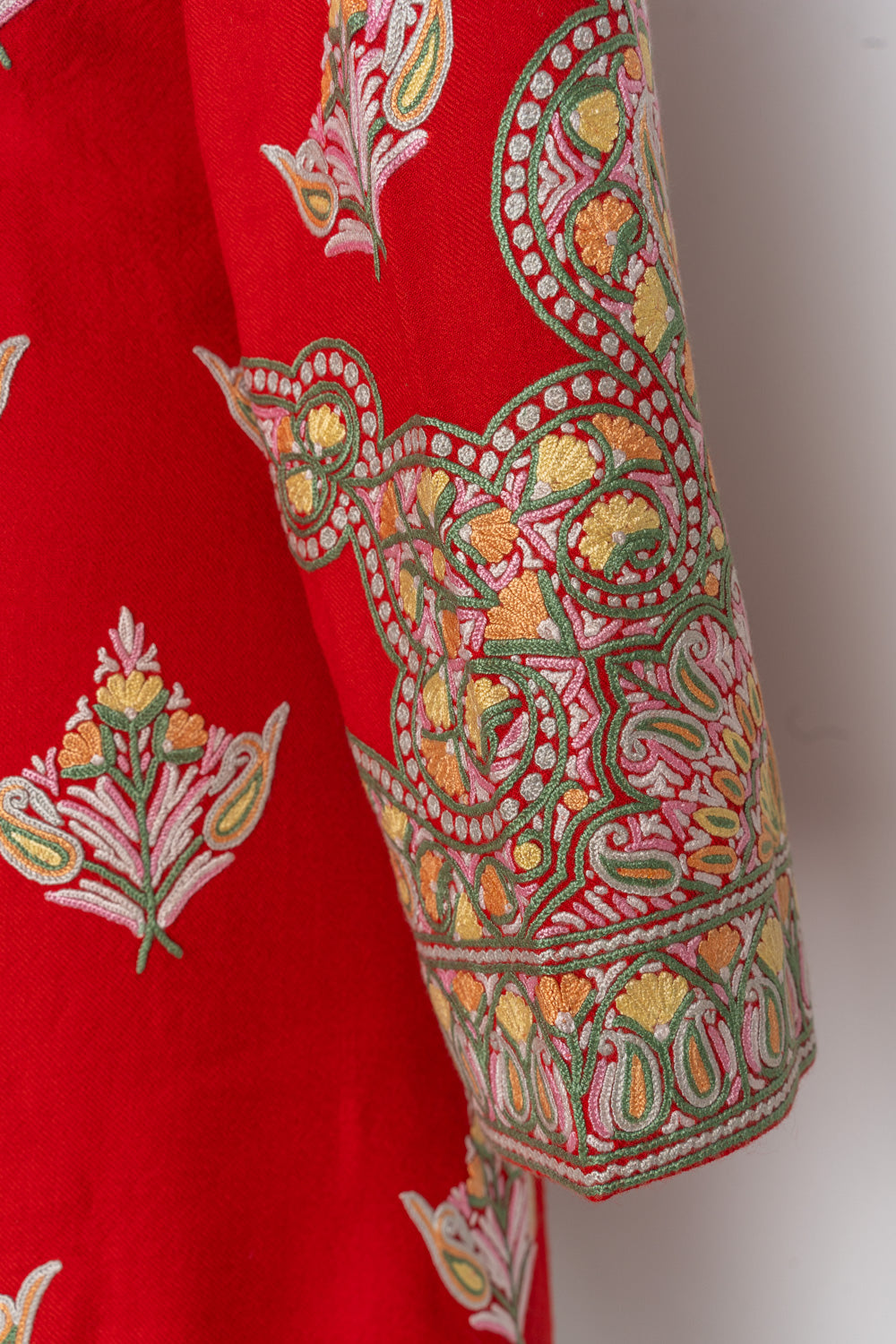 Majestic Red Kashmiri Hand-Embroidery Long Jacket with Floral Motifs