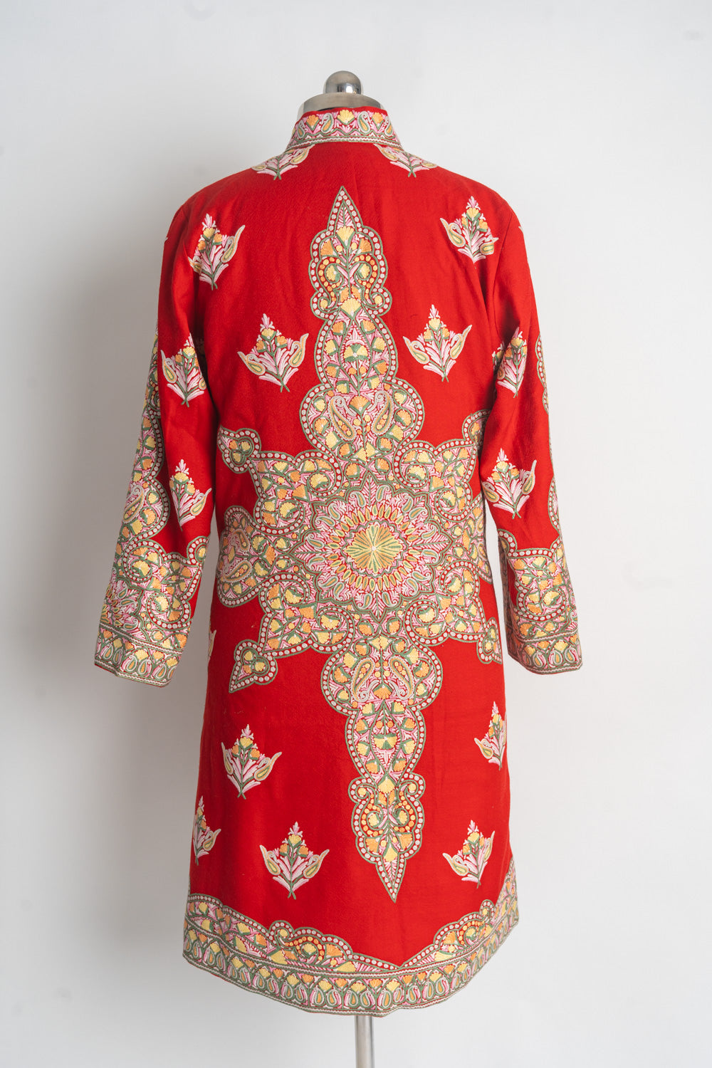 Majestic Red Kashmiri Hand-Embroidery Long Jacket with Floral Motifs