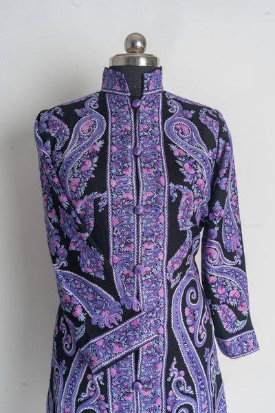 Handcrafted Enchanting Kashmiri Aari Embroidery Long Jacket in Lilac and Black