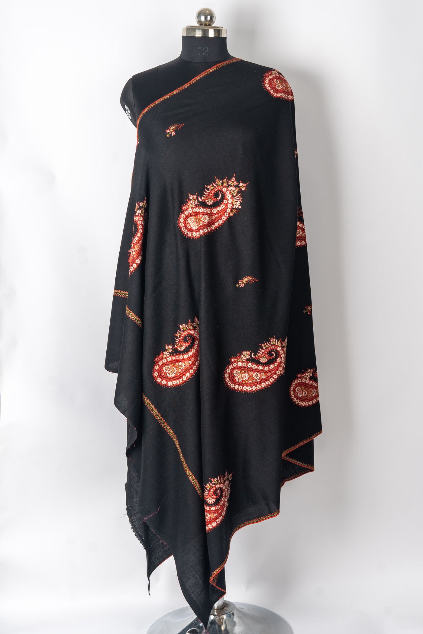 Midnight Glory: Hand-Embroidered Sozni Paisley Merino Wool Shawl