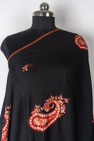 Midnight Glory: Hand-Embroidered Sozni Paisley Merino Wool Shawl