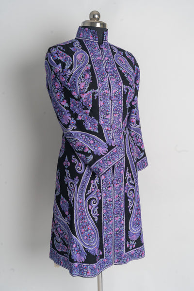 Handcrafted Enchanting Kashmiri Aari Embroidery Long Jacket in Lilac and Black