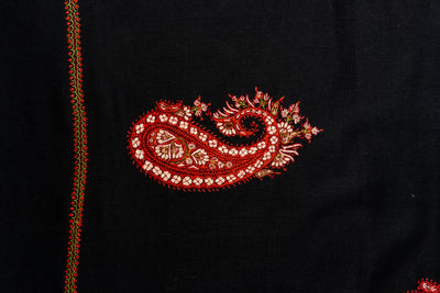 Midnight Glory: Hand-Embroidered Sozni Paisley Merino Wool Shawl