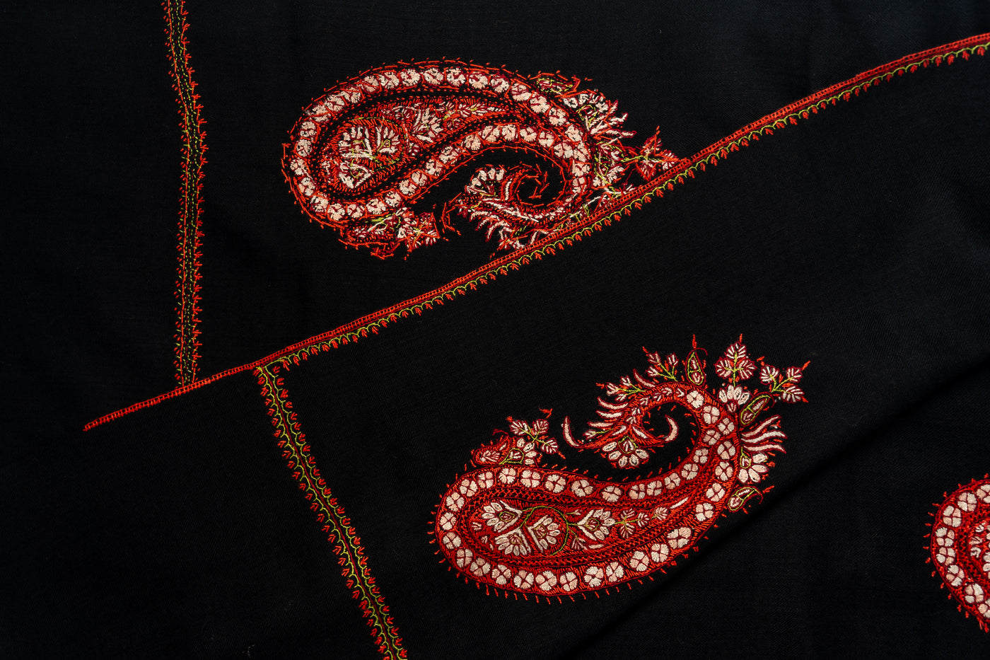 Midnight Glory: Hand-Embroidered Sozni Paisley Merino Wool Shawl