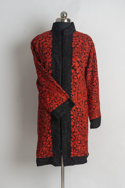 Bold and Beautiful Kashmiri Aari Embroidery Long Jacket in Red and Black