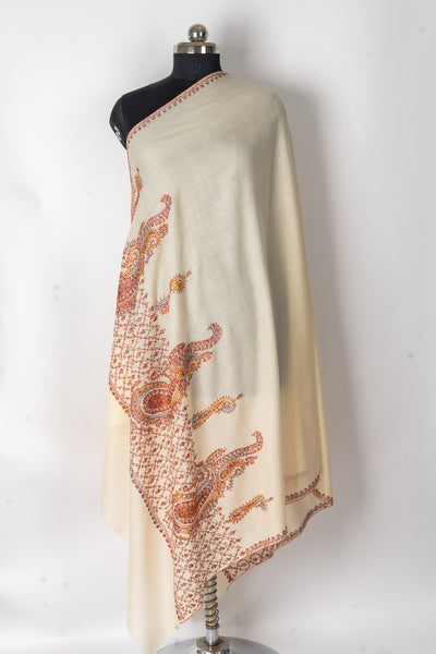 Golden Hour: Sozni Hand-Embroidered Merino Wool Shawl with Paisley Flourish