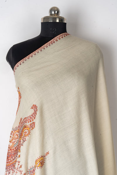 Golden Hour: Sozni Hand-Embroidered Merino Wool Shawl with Paisley Flourish