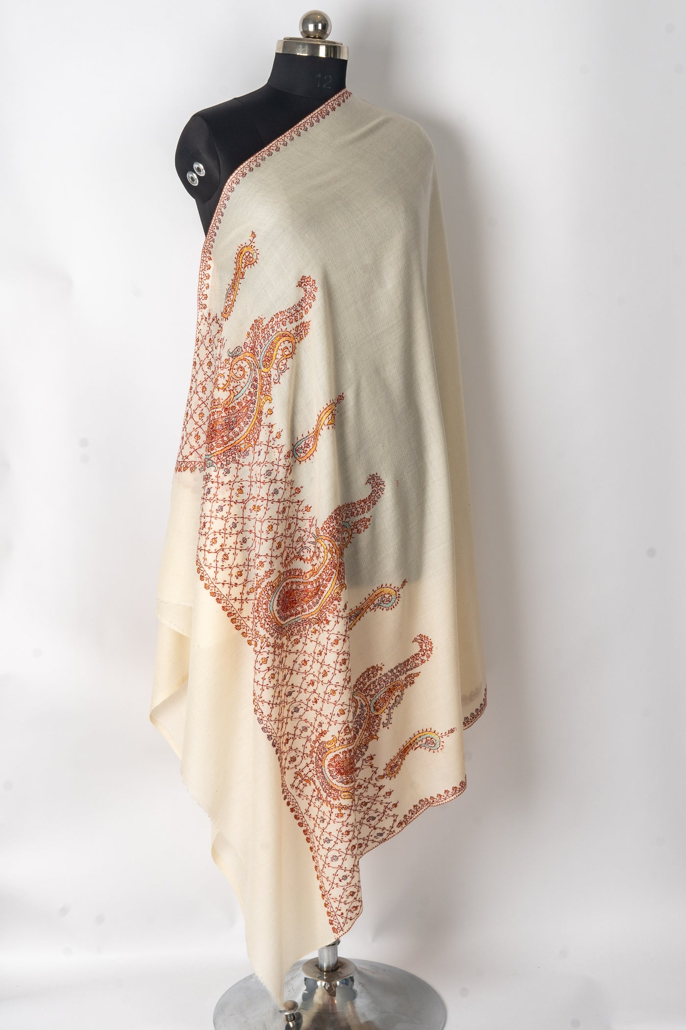 Golden Hour: Sozni Hand-Embroidered Merino Wool Shawl with Paisley Flourish