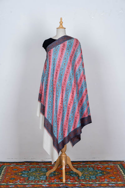 Blush & Sky Sozni Delight: Hand-Embroidered Merino Wool Shawl