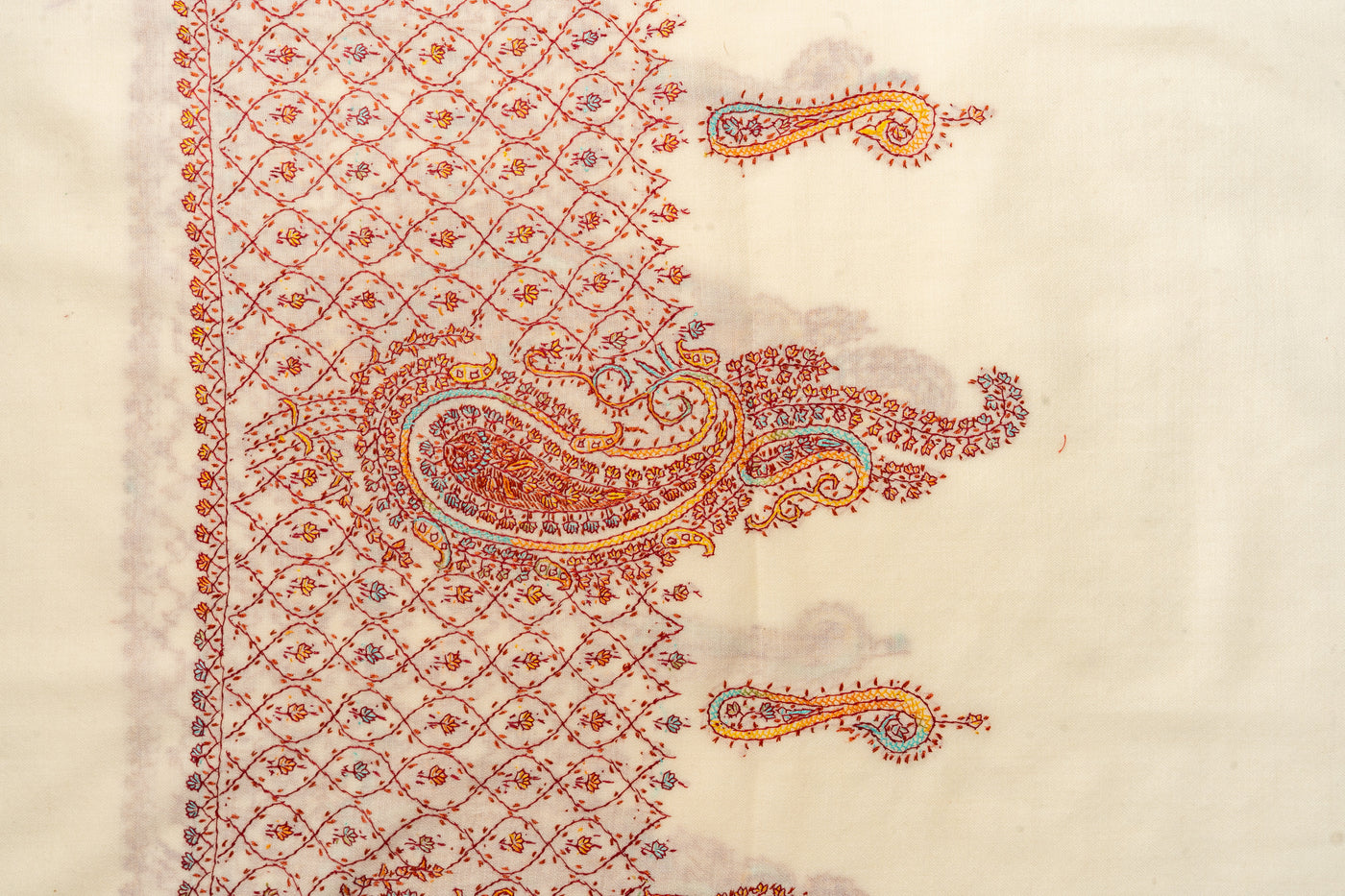 Golden Hour: Sozni Hand-Embroidered Merino Wool Shawl with Paisley Flourish