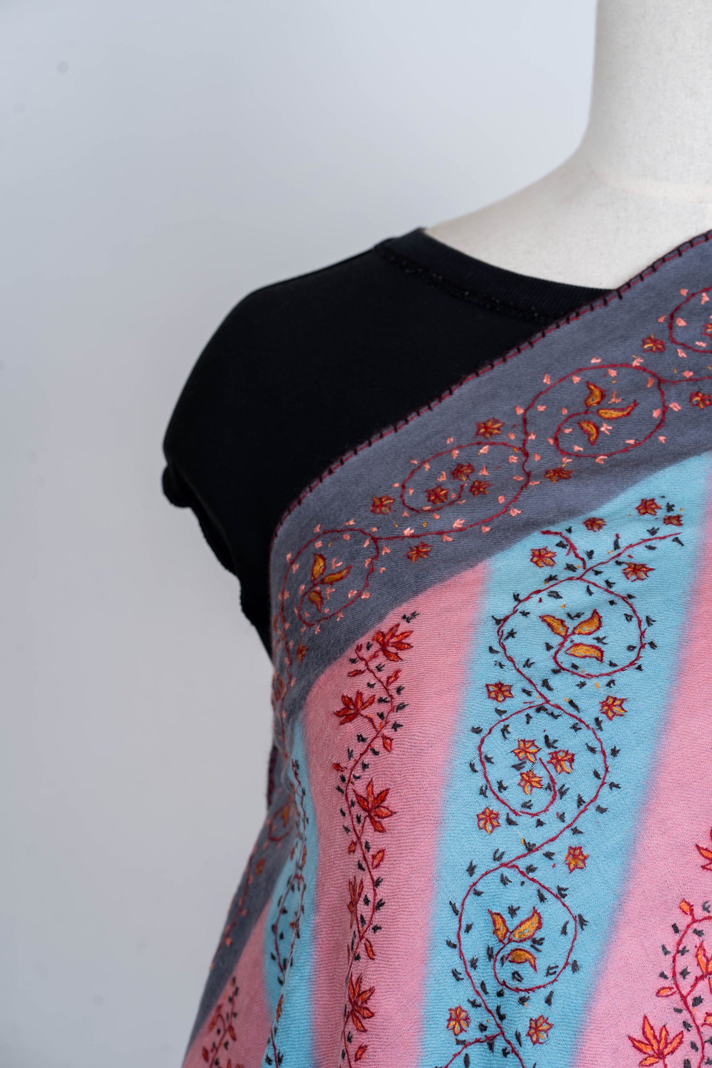 Blush & Sky Sozni Delight: Hand-Embroidered Merino Wool Shawl