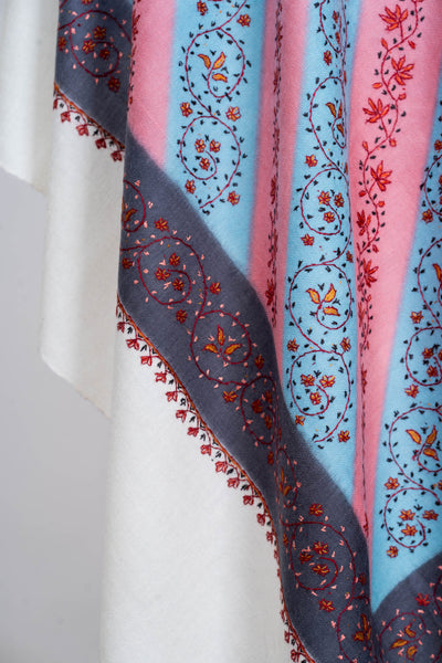 Blush & Sky Sozni Delight: Hand-Embroidered Merino Wool Shawl