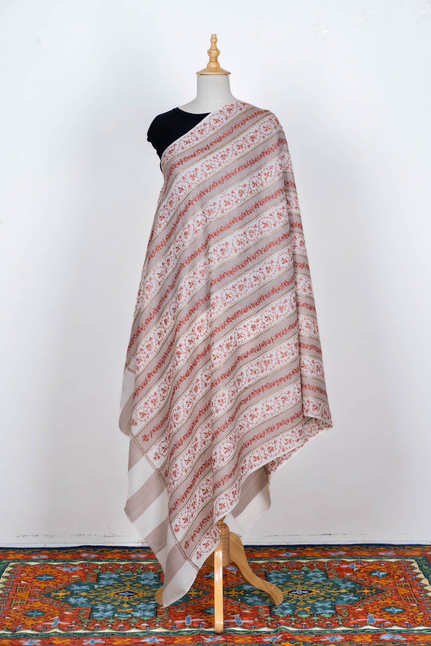 Ivory & Earthy Sozni Symphony: Merino Wool Hand-Embroidered Shawl