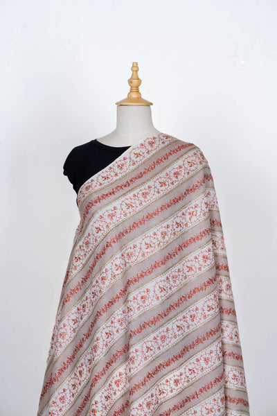 Ivory & Earthy Sozni Symphony: Merino Wool Hand-Embroidered Shawl