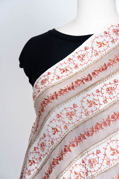 Ivory & Earthy Sozni Symphony: Merino Wool Hand-Embroidered Shawl