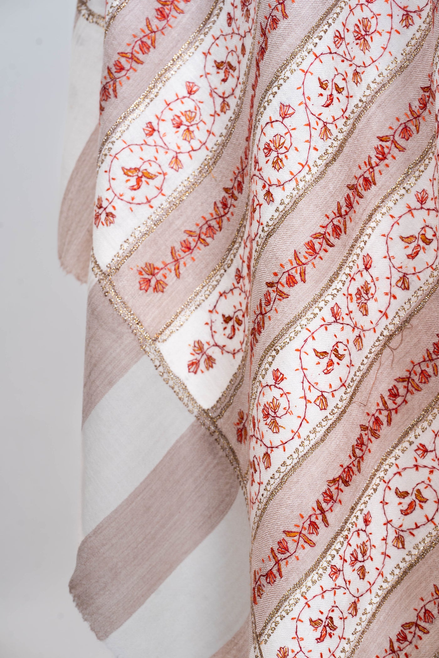 Ivory & Earthy Sozni Symphony: Merino Wool Hand-Embroidered Shawl