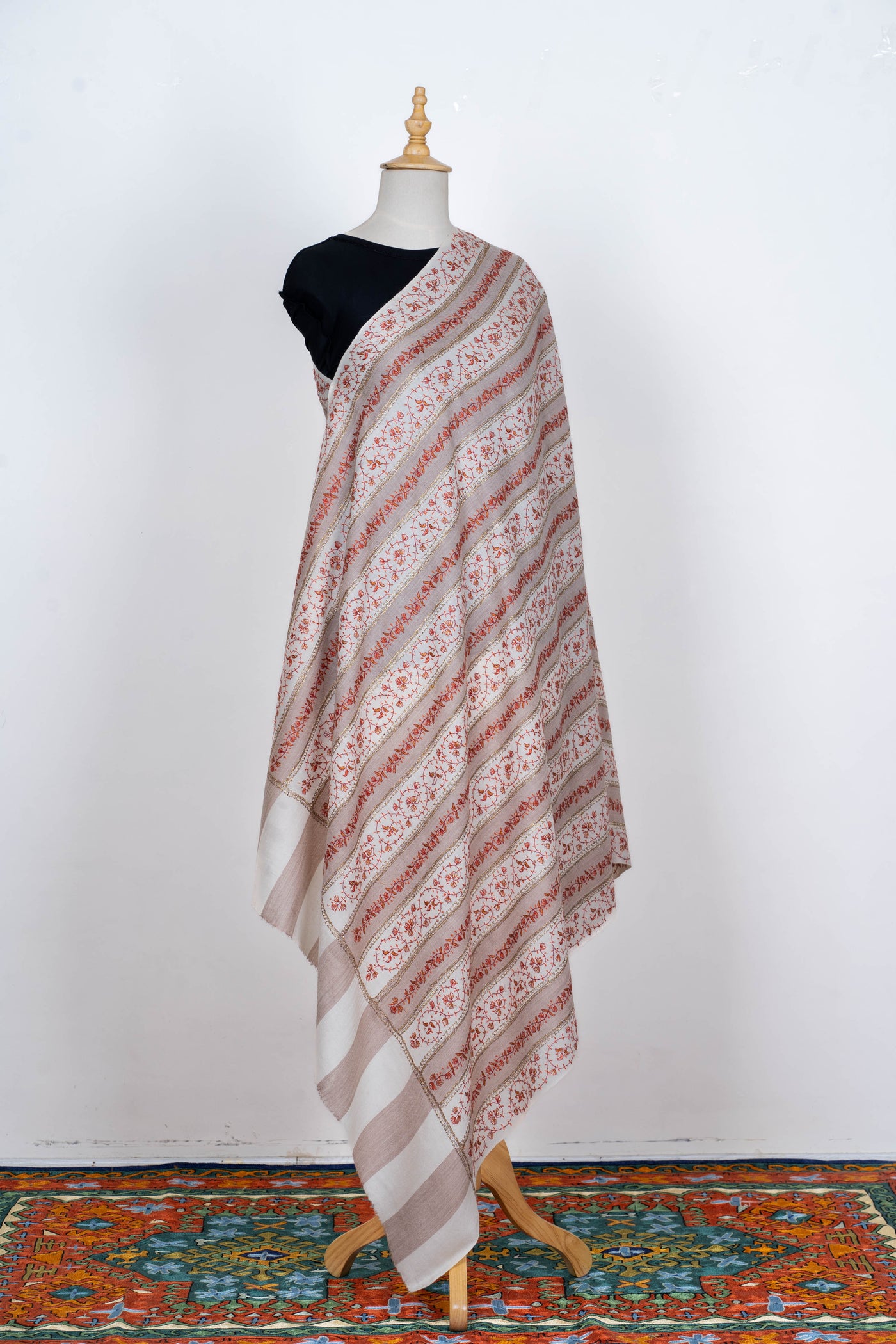 Ivory & Earthy Sozni Symphony: Merino Wool Hand-Embroidered Shawl