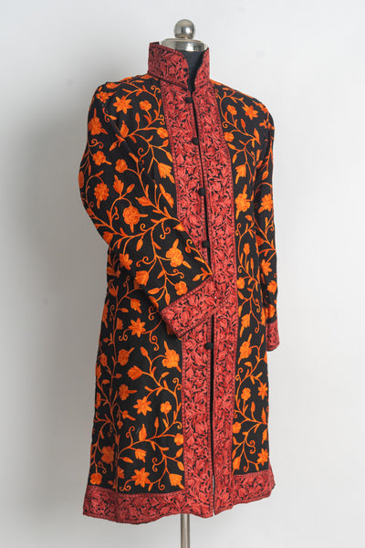 Vibrant Autumn Kashmiri Long Jacket with Aari Embroidery