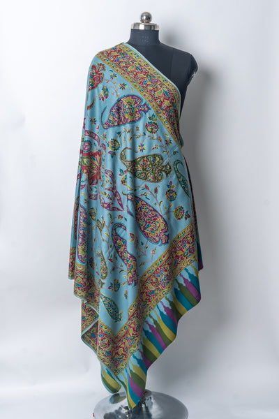 Kalamkari Shawl: Hand-Embroidered Sozni Paisley Merino Wool Shawl in Aqua Delight