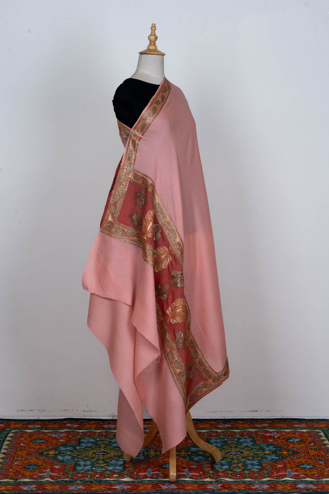 Rosy Elegance: Tilla Embroidered Merino Wool Shawl