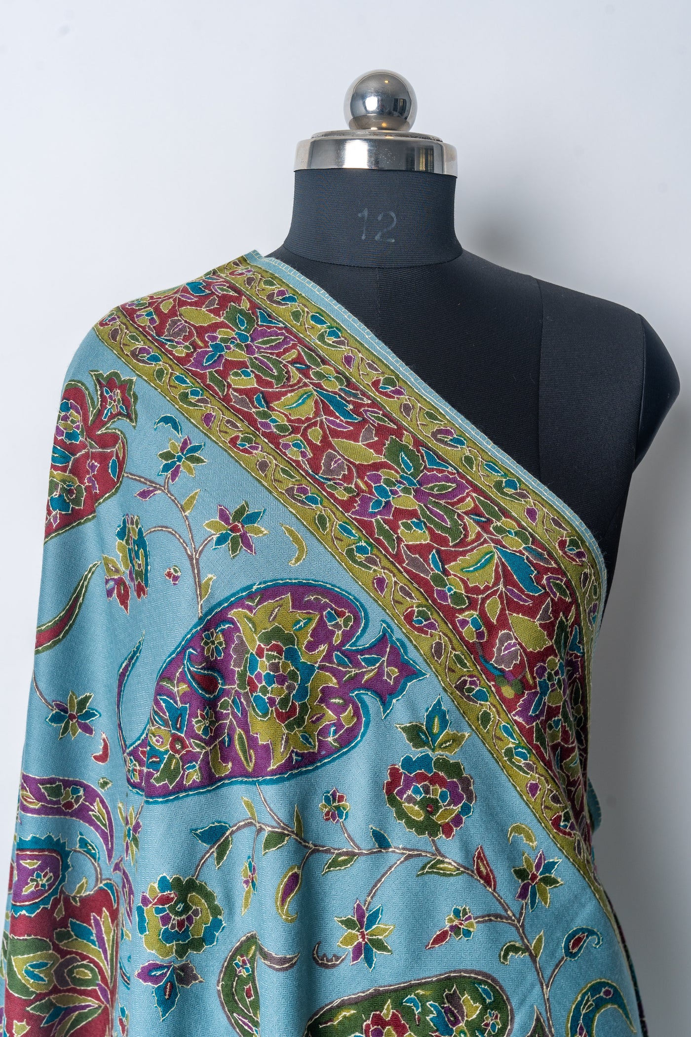 Kalamkari Shawl: Hand-Embroidered Sozni Paisley Merino Wool Shawl in Aqua Delight